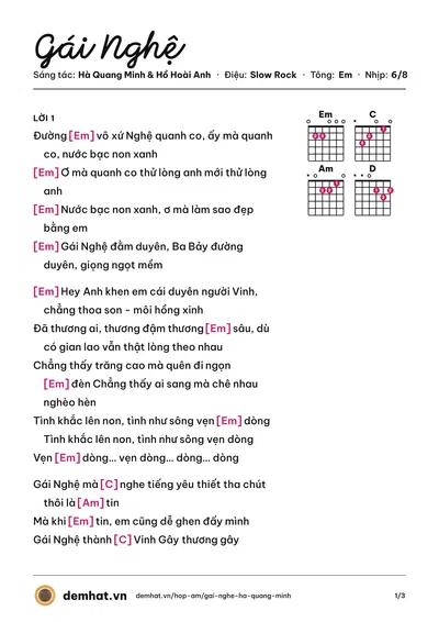 Hợp âm Gái Nghệ (Hương Tràm) – bản nhạc PDF trang 1, tông Em