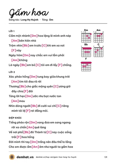 Hợp âm Gấm hoa (Long Họ Huỳnh) – bản nhạc PDF trang 1, tông Dm