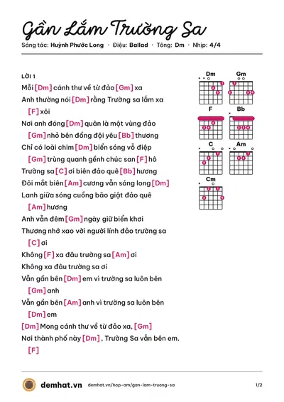 Hợp âm Gần Lắm Trường Sa (Long Nhật) – bản nhạc PDF trang 1, tông Dm