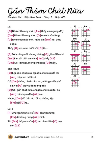 Hợp âm Gần Thêm Chút Nữa (Nhi) – bản nhạc PDF trang 1, tông C