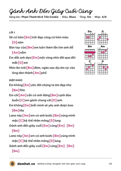 Hợp âm Gánh Anh Đến Giây Cuối Cùng (Bích Phương) – bản nhạc PDF trang 1, tông Em
