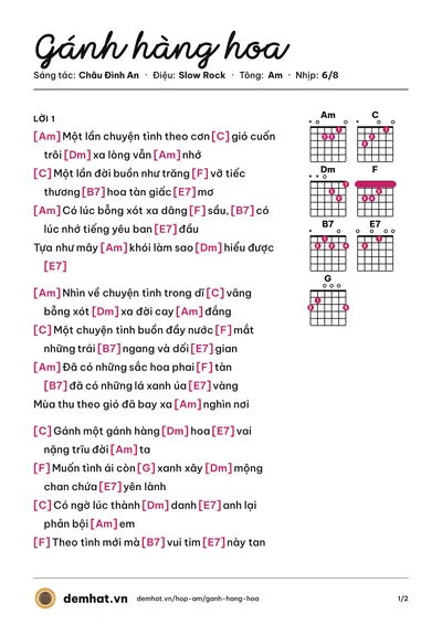 Hợp âm Gánh hàng hoa (Châu Đình An) – bản nhạc PDF trang 1, tông Am