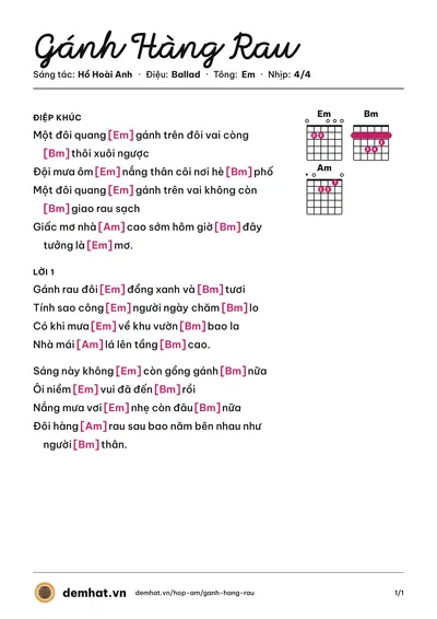 Hợp âm Gánh Hàng Rau (Hà Anh Tuấn) – bản nhạc PDF trang 1, tông Em