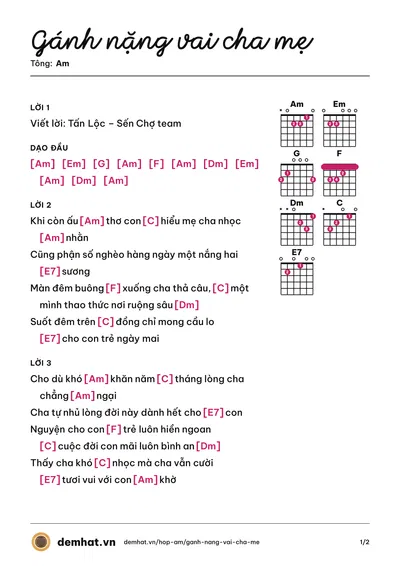 Hợp âm Gánh nặng vai cha mẹ (Ngọc Ánh Sáng) – bản nhạc PDF trang 1, tông Am