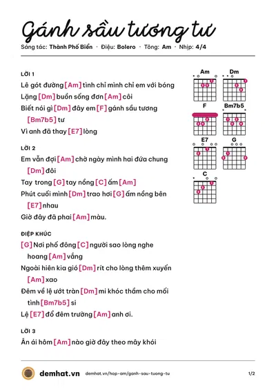 Hợp âm Gánh sầu tương tư (Kim Linh) – bản nhạc PDF trang 1, tông Am