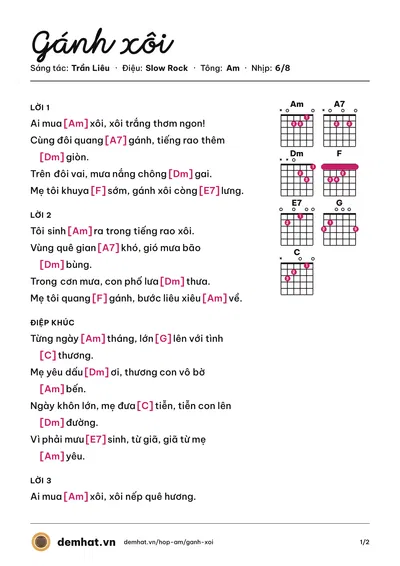 Hợp âm Gánh xôi (guitar) – bản nhạc PDF trang 1, tông Am
