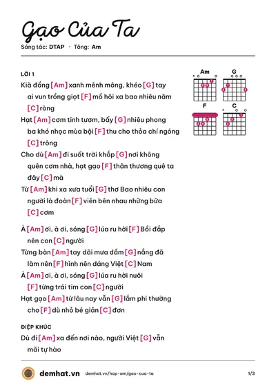 Hợp âm Gạo Của Ta (Phương Mỹ Chi) – bản nhạc PDF trang 1, tông Am