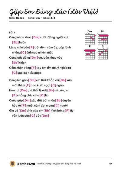 Hợp âm Gặp Em Đúng Lúc (Lời Việt) (Thái Quỳnh) – bản nhạc PDF trang 1, tông Dm