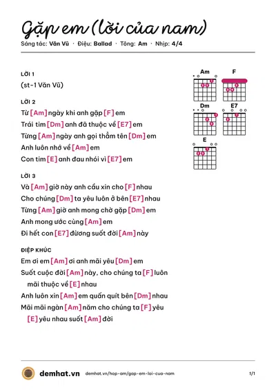 Hợp âm Gặp em (lời của nam) (Văn Vũ) – bản nhạc PDF trang 1, tông Am