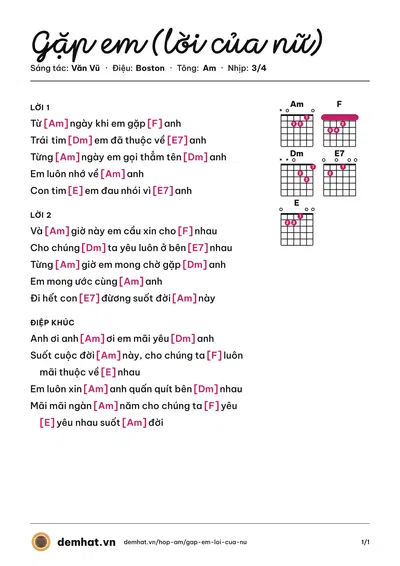 Hợp âm Gặp em (lời của nữ) (Văn Vũ) – bản nhạc PDF trang 1, tông Am