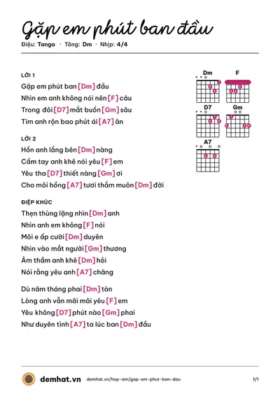 Hợp âm Gặp em phút ban đầu (Lệ Thủy) – bản nhạc PDF trang 1, tông Dm