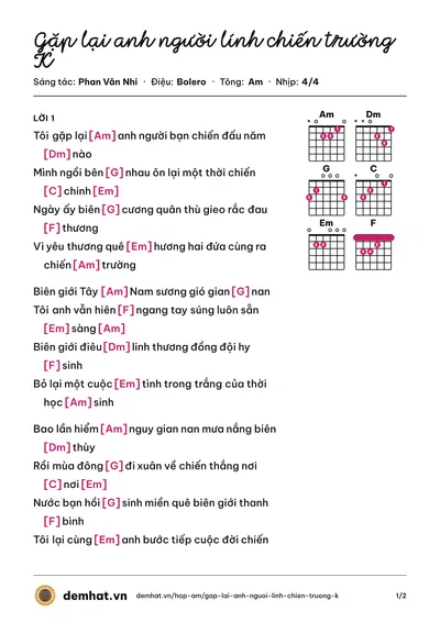 Hợp âm Gặp lại anh người lính chiến trường K (Phan Văn Nhi) – bản nhạc PDF trang 1, tông Am