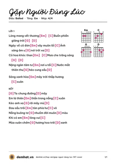 Hợp âm Gặp Người Đúng Lúc (F47 Cover) – bản nhạc PDF trang 1, tông Em