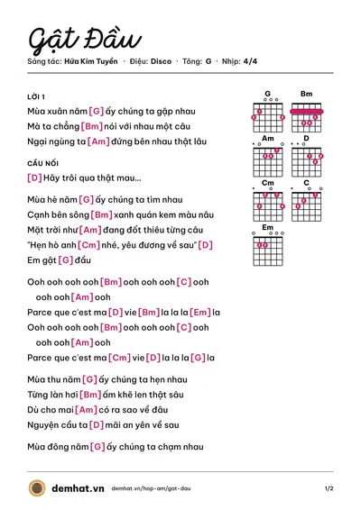 Hợp âm Gật Đầu (Jun Phạm) – bản nhạc PDF trang 1, tông G
