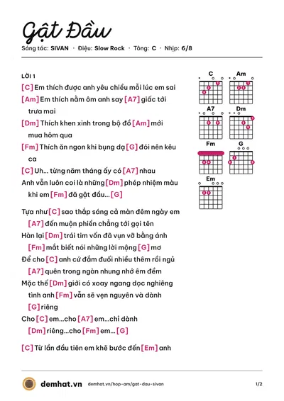 Hợp âm Gật Đầu (SIVAN) – bản nhạc PDF trang 1, tông C