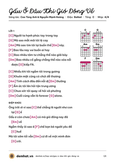 Hợp âm Gấu Ở Đâu Khi Gió Đông Về (Cao Tùng Anh) – bản nhạc PDF trang 1, tông C