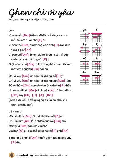 Hợp âm Ghen chỉ vì yêu (Hoàng Văn Hiệp) – bản nhạc PDF trang 1, tông Dm