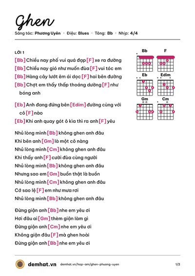 Hợp âm Ghen (Mắt Ngọc) – bản nhạc PDF trang 1, tông Bb