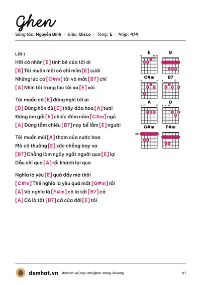 Hợp âm Ghen (Tuấn Ngọc) – bản nhạc PDF trang 1, tông E