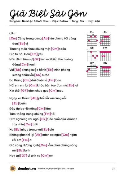 Hợp âm Giã Biệt Sài Gòn (Trường Vũ) – bản nhạc PDF trang 1, tông Cm