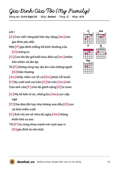 Hợp âm Gia Đình Của Tôi (My Family) (Echo Nghị Vũ) – bản nhạc PDF trang 1, tông C