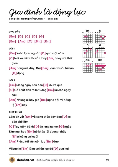 Hợp âm Gia đình là động lực (Hoàng Hồng Quân) – bản nhạc PDF trang 1, tông Em