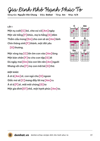 Hợp âm Gia Đình Nhỏ Hạnh Phúc To (Khánh Ngọc) – bản nhạc PDF trang 1, tông Am