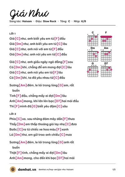 Hợp âm Giá Như (Haisam) – bản nhạc PDF trang 1, tông C