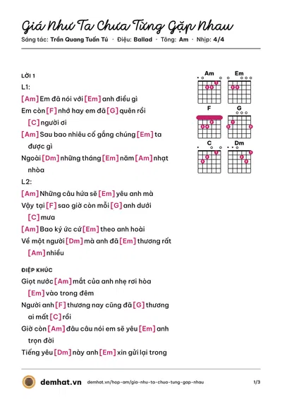 Hợp âm Giá Như Ta Chưa Từng Gặp Nhau (Ngọc Khoa) – bản nhạc PDF trang 1, tông Am