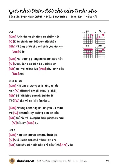 Hợp âm Giá như trên đời chỉ cần tình yêu (Cao Thái Sơn) – bản nhạc PDF trang 1, tông Dm