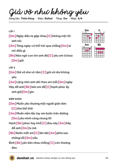 Hợp âm Giả vờ như không yêu (Thiên Dũng) – bản nhạc PDF trang 1, tông Dm