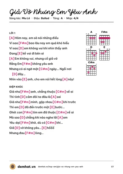 Hợp âm Giả Vờ Nhưng Em Yêu Anh (Chi Dân) – bản nhạc PDF trang 1, tông A