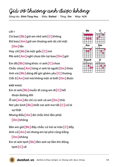 Hợp âm Giả vờ thương anh được không (Chu Hiểu Minh (Chu Bin)) – bản nhạc PDF trang 1, tông Dm