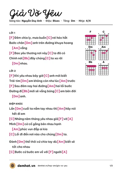 Hợp âm Giả Vờ Yêu (Ngô Kiến Huy) – bản nhạc PDF trang 1, tông Dm