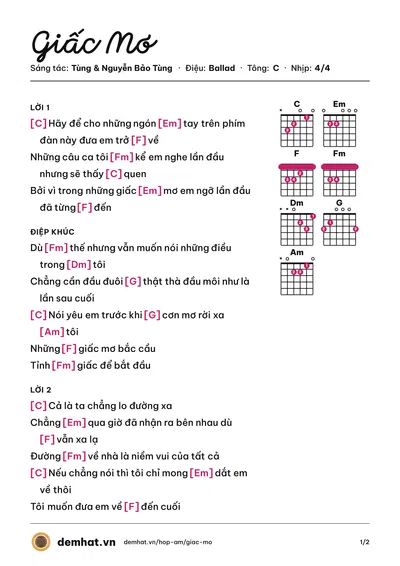Hợp âm Giấc Mơ (Tùng) – bản nhạc PDF trang 1, tông C