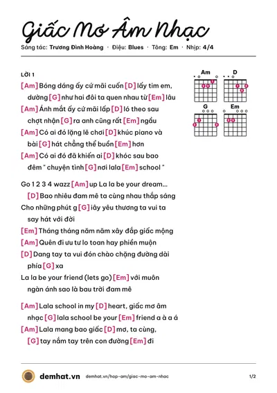 Hợp âm Giấc Mơ Âm Nhạc (La La School) – bản nhạc PDF trang 1, tông Em