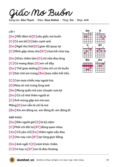 Hợp âm Giấc Mơ Buồn (Ngô Chấn Đông) – bản nhạc PDF trang 1, tông Em