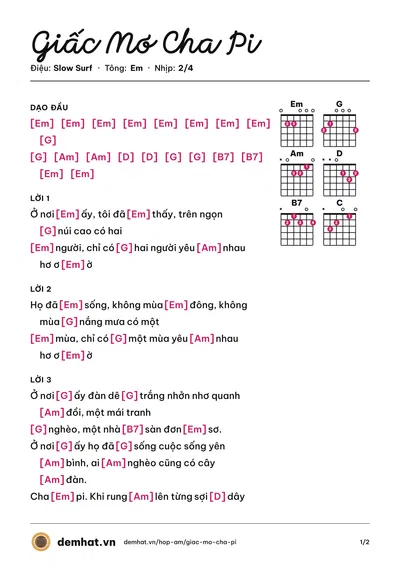 Hợp âm Giấc Mơ Cha Pi – bản nhạc PDF trang 1, tông Em