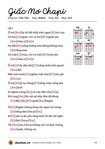 Hợp âm Giấc Mơ Chapi (Y Moan) – bản nhạc PDF trang 1, tông Em