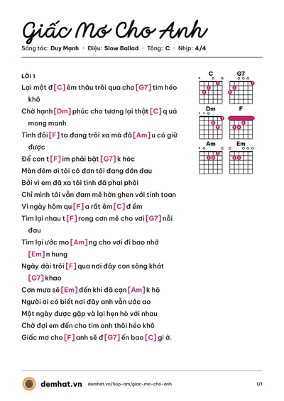 Hợp âm Giấc Mơ Cho Anh (Duy Mạnh) – bản nhạc PDF trang 1, tông C