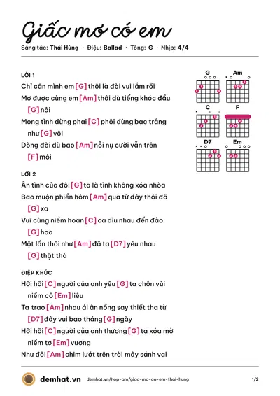 Hợp âm Giấc mơ có em (Thái Hùng) – bản nhạc PDF trang 1, tông G