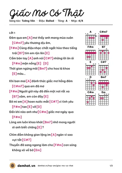 Hợp âm Giấc Mơ Có Thật (Lệ Quyên) – bản nhạc PDF trang 1, tông A