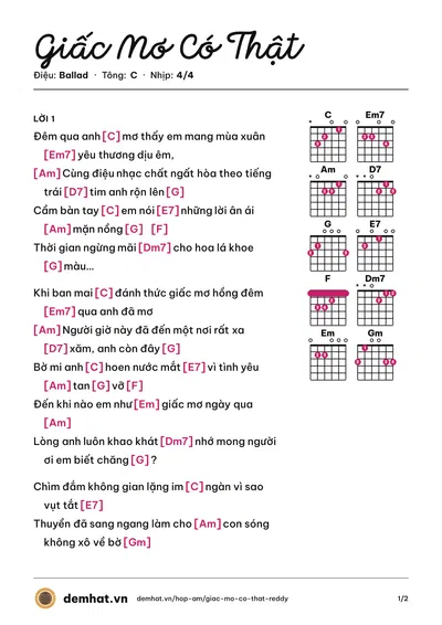 Hợp âm Giấc Mơ Có Thật (Reddy) – bản nhạc PDF trang 1, tông C