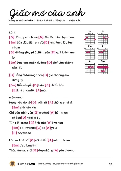Hợp âm Giấc mơ của anh (Gia Đoàn) – bản nhạc PDF trang 1, tông D