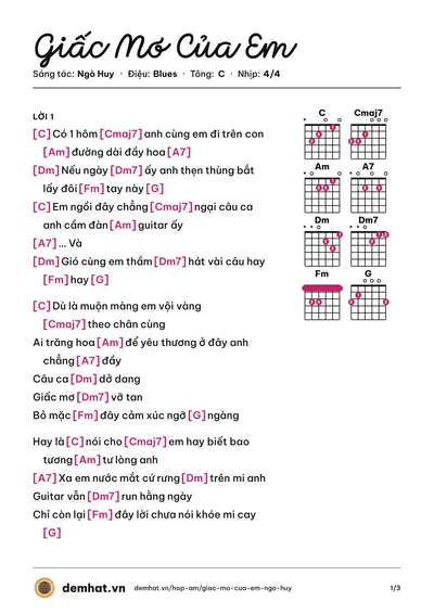 Hợp âm Giấc Mơ Của Em (Ngò Huy) – bản nhạc PDF trang 1, tông C