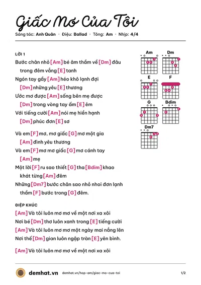 Hợp âm Giấc Mơ Của Tôi (Phương Anh) – bản nhạc PDF trang 1, tông Am