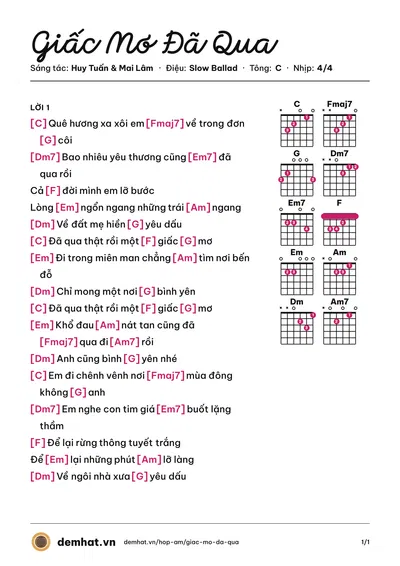 Hợp âm Giấc Mơ Đã Qua (Trần Thu Hà) – bản nhạc PDF trang 1, tông C