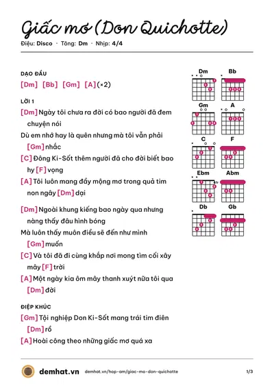 Hợp âm Giấc mơ (Don Quichotte) – bản nhạc PDF trang 1, tông Dm