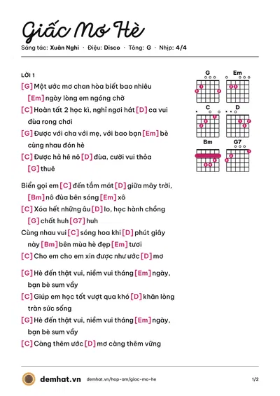 Hợp âm Giấc Mơ Hè (Xuân Nghi) – bản nhạc PDF trang 1, tông G