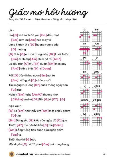 Hợp âm Giấc mơ hồi hương (Lệ Thu) – bản nhạc PDF trang 1, tông G